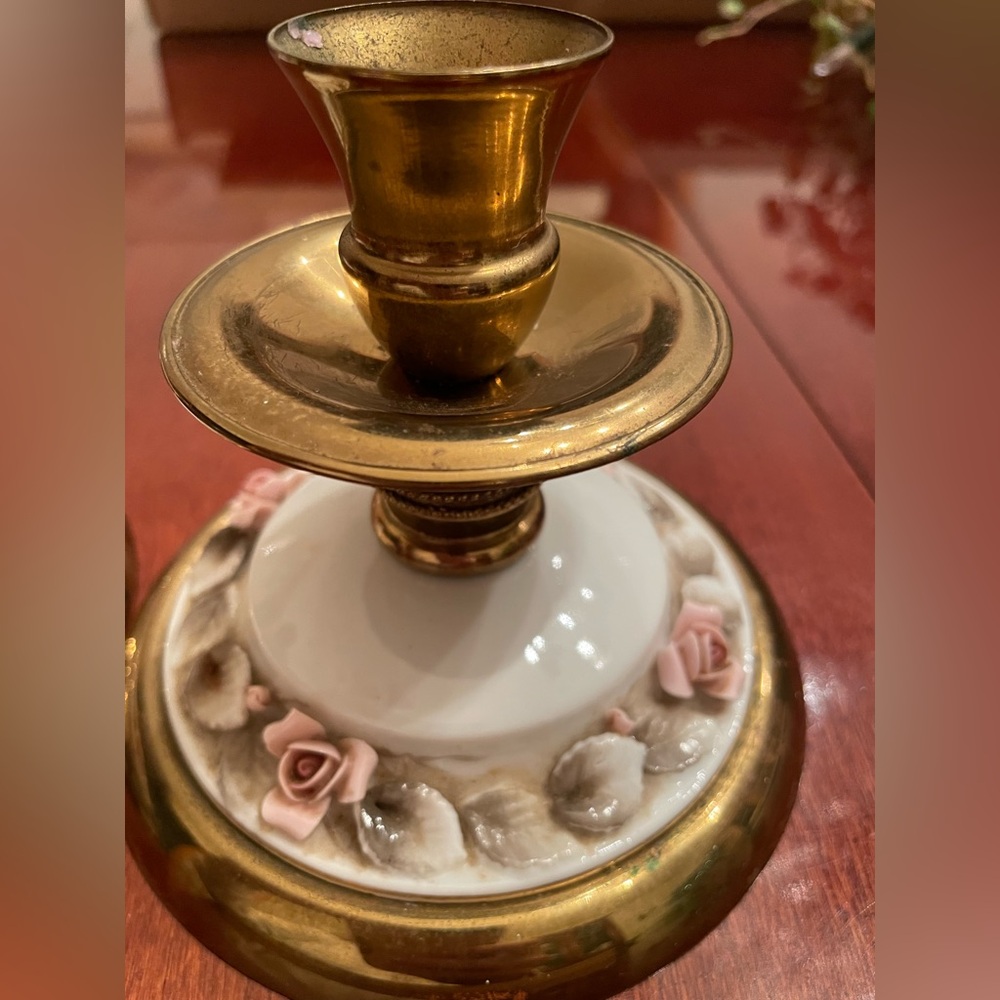 Vintage 2 Brass & Porcelain Candlesticks Rose Pattern